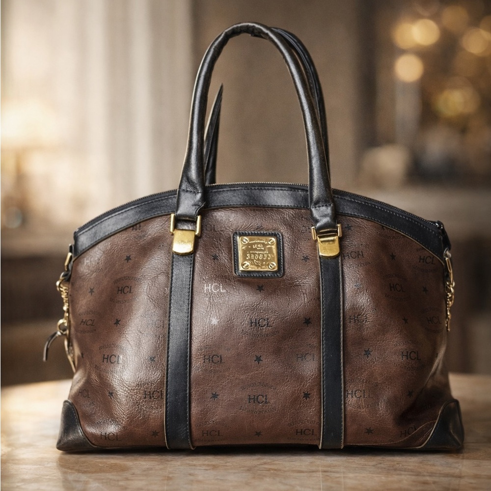 HCL Brown Leather Satchel Bag Monogram Gold Hardware Shoulder Tote Chic